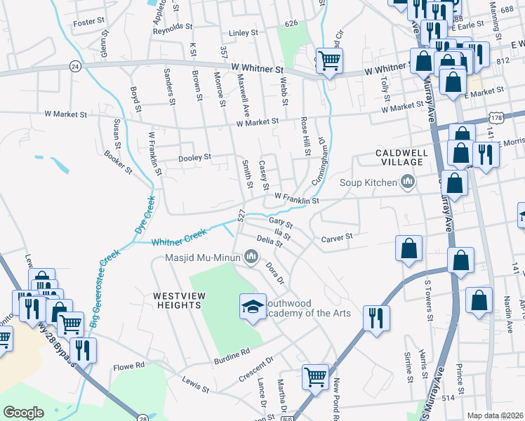 map of restaurants, bars, coffee shops, grocery stores, and more near 617 Owen Drive in Anderson