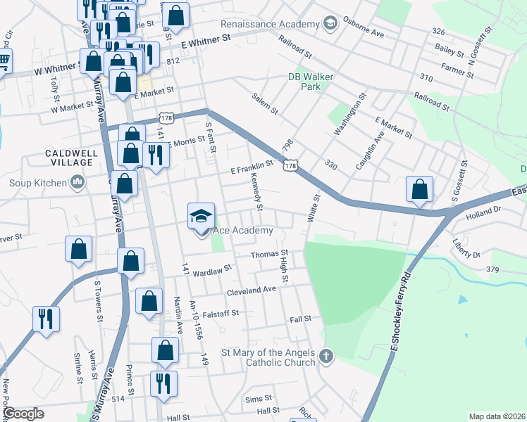 map of restaurants, bars, coffee shops, grocery stores, and more near 508 East Hampton Street in Anderson