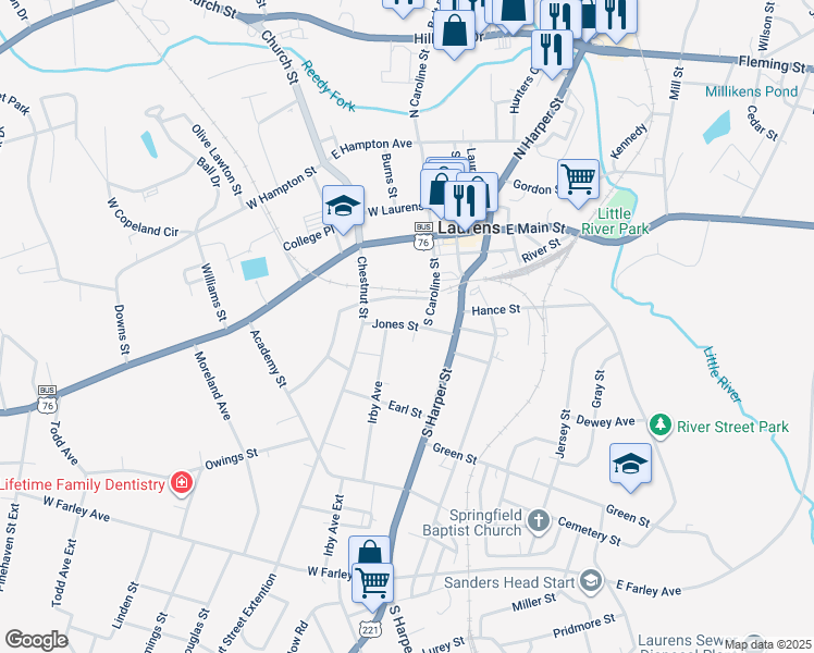 map of restaurants, bars, coffee shops, grocery stores, and more near 227 Jones Street in Laurens