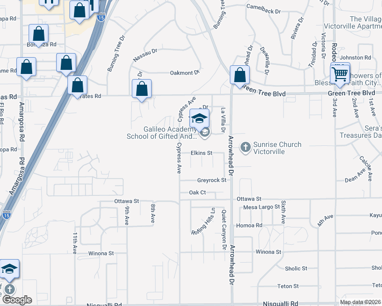 map of restaurants, bars, coffee shops, grocery stores, and more near Maxwell Court in Victorville