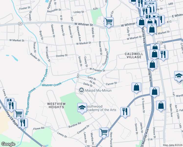 map of restaurants, bars, coffee shops, grocery stores, and more near 605 Owen Drive in Anderson