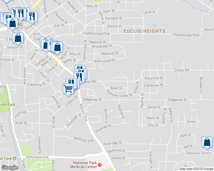 map of restaurants, bars, coffee shops, grocery stores, and more near 105 Boaz Street in Hot Springs
