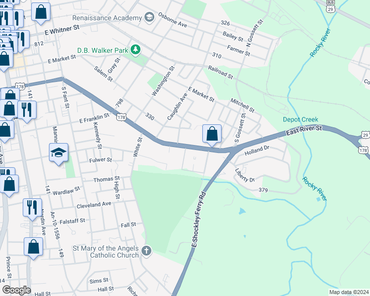 map of restaurants, bars, coffee shops, grocery stores, and more near 130 River Oak Drive in Anderson