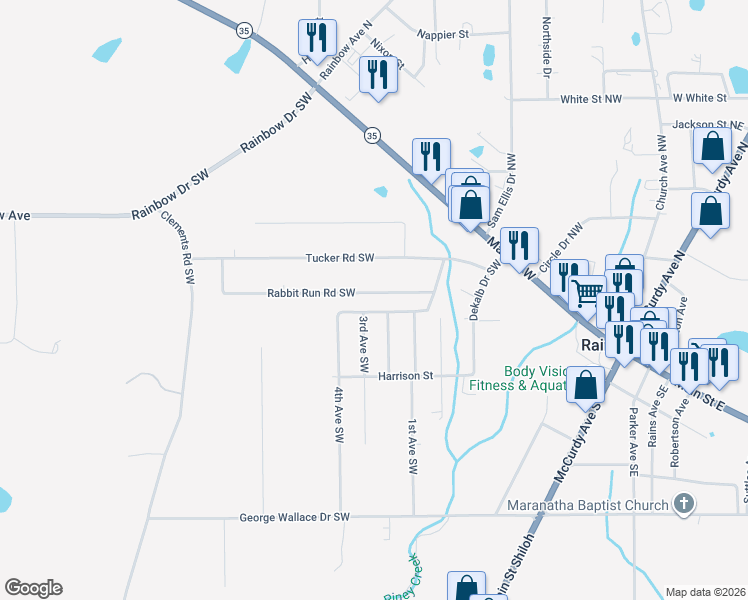 map of restaurants, bars, coffee shops, grocery stores, and more near 17 3rd Avenue Southwest in Rainsville