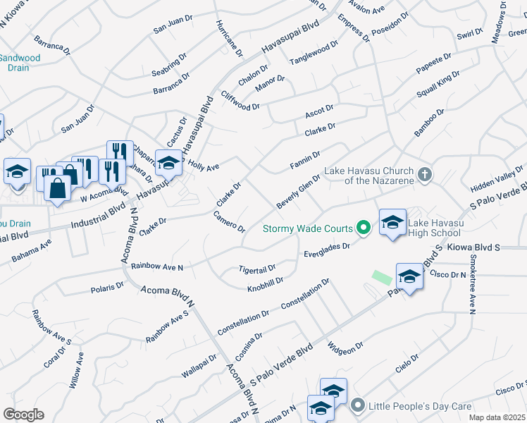 map of restaurants, bars, coffee shops, grocery stores, and more near 2375 Beverly Glen Drive in Lake Havasu City