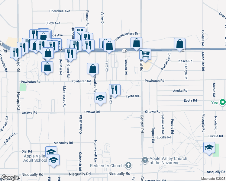map of restaurants, bars, coffee shops, grocery stores, and more near 13455 Malaki Road in Apple Valley