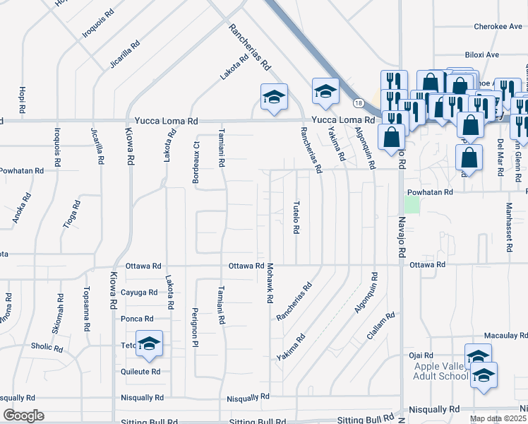 map of restaurants, bars, coffee shops, grocery stores, and more near 13425 Mohawk Road in Apple Valley