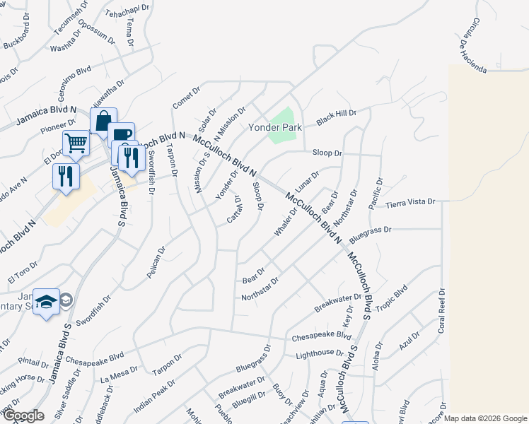 map of restaurants, bars, coffee shops, grocery stores, and more near 3820 Sloop Drive in Lake Havasu City