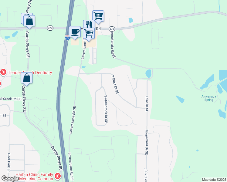 map of restaurants, bars, coffee shops, grocery stores, and more near 311 3 Oaks Drive Southeast in Calhoun