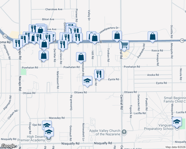 map of restaurants, bars, coffee shops, grocery stores, and more near Malaki Road in Apple Valley