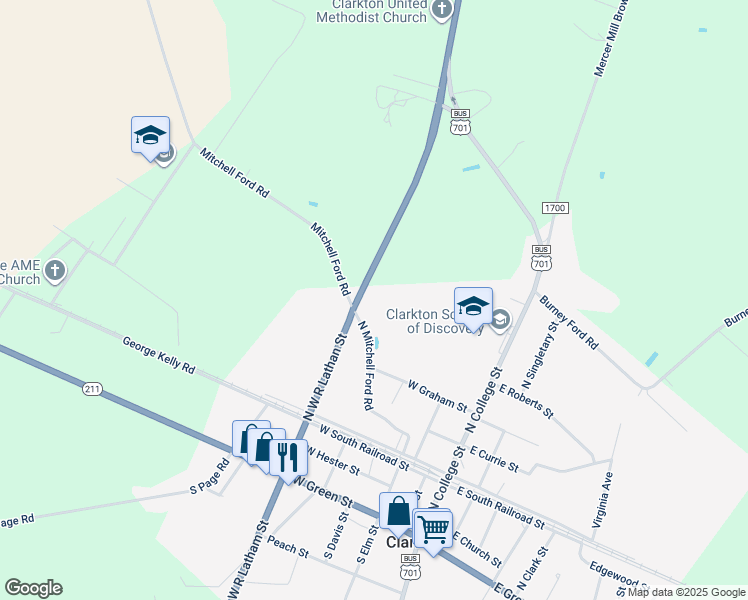 map of restaurants, bars, coffee shops, grocery stores, and more near 436 North Mitchell Ford Road in Clarkton