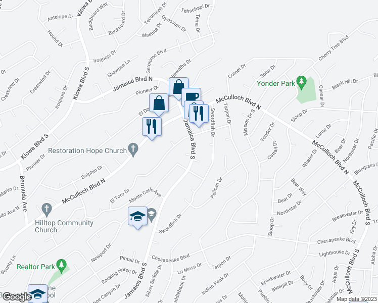map of restaurants, bars, coffee shops, grocery stores, and more near 91 Tahoe Lane in Lake Havasu City