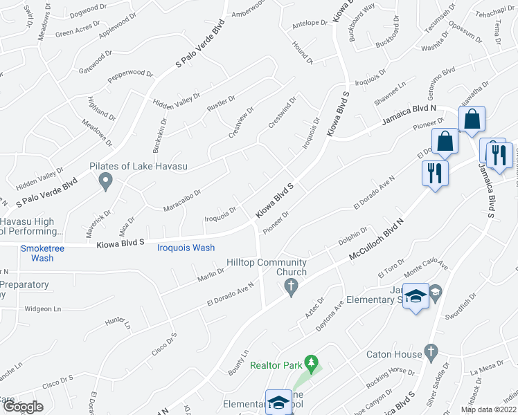 map of restaurants, bars, coffee shops, grocery stores, and more near 3179 Kiowa Boulevard South in Lake Havasu City