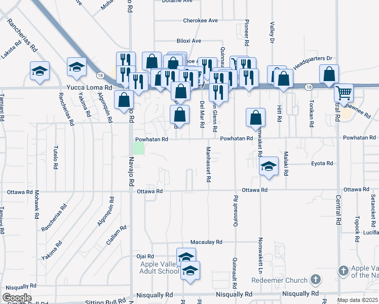map of restaurants, bars, coffee shops, grocery stores, and more near 21905 Powhatan Road in Apple Valley
