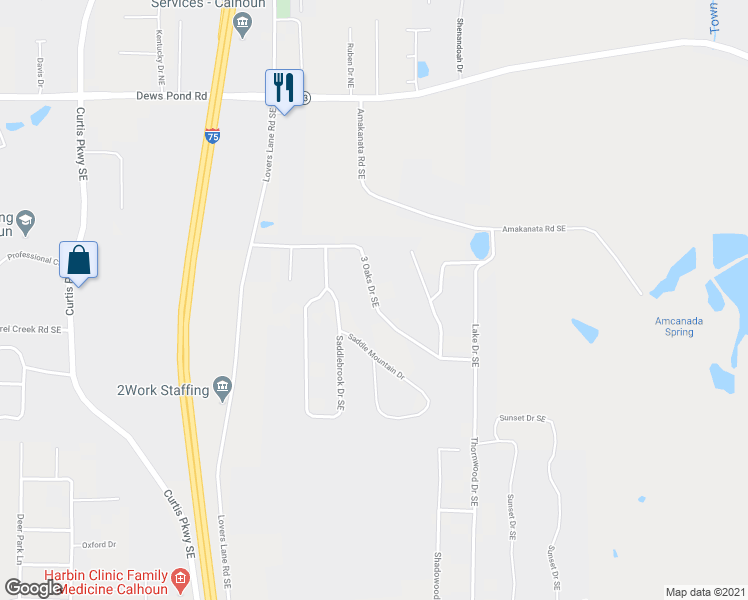 map of restaurants, bars, coffee shops, grocery stores, and more near 301 3 Oaks Drive Southeast in Calhoun