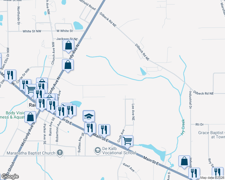 map of restaurants, bars, coffee shops, grocery stores, and more near 411 Ranch Road in Rainsville