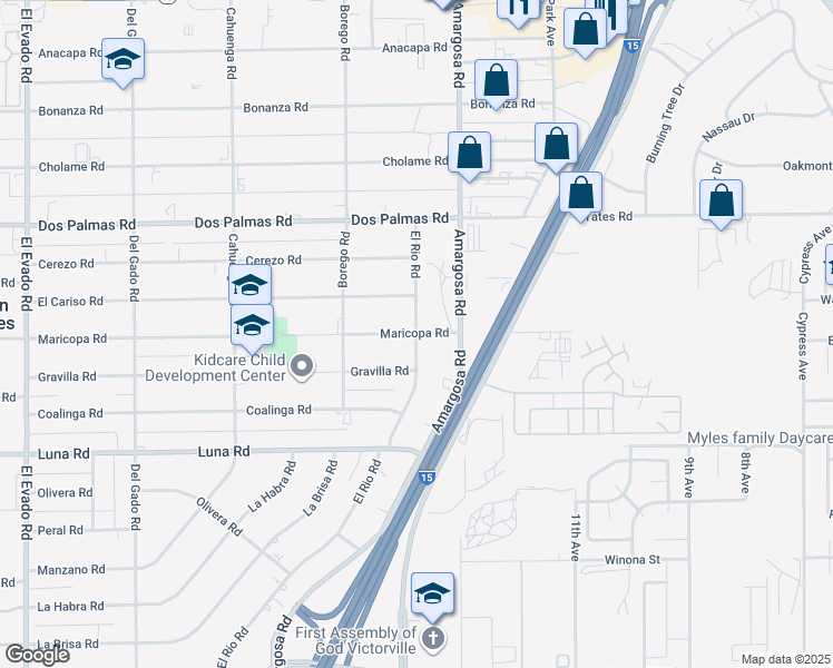 map of restaurants, bars, coffee shops, grocery stores, and more near Maricopa Road in Victorville
