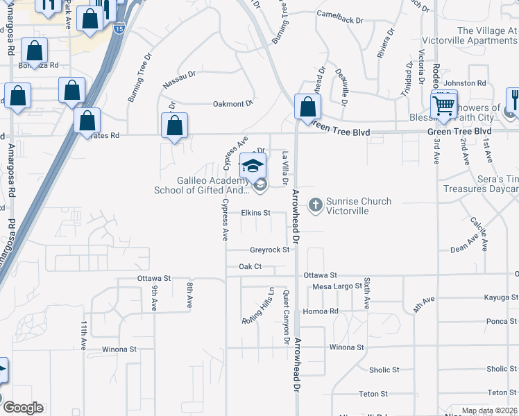 map of restaurants, bars, coffee shops, grocery stores, and more near 16000 Elkins Street in Victorville