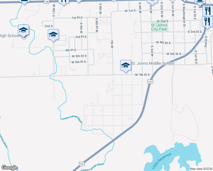 map of restaurants, bars, coffee shops, grocery stores, and more near 830-852 7th West in Saint Johns