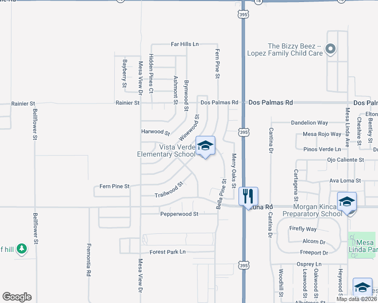 map of restaurants, bars, coffee shops, grocery stores, and more near 13403 Vista Verde Street in Victorville
