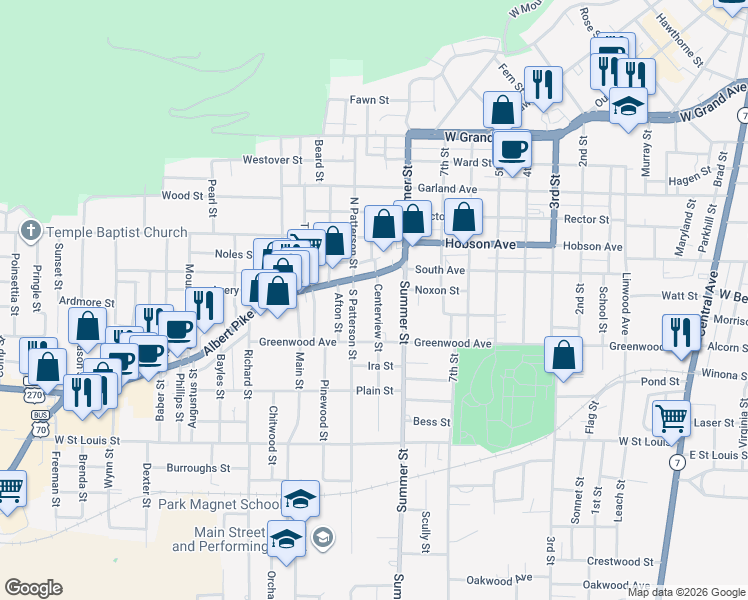 map of restaurants, bars, coffee shops, grocery stores, and more near 140 Centerview Street in Hot Springs