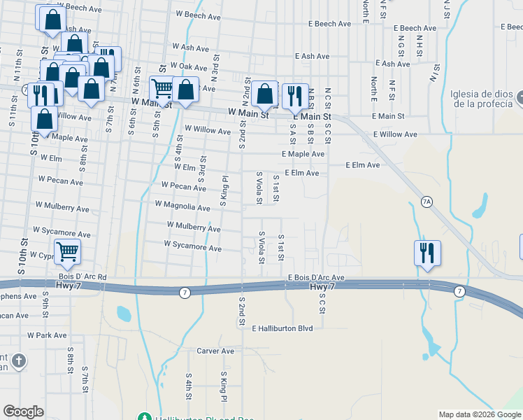 map of restaurants, bars, coffee shops, grocery stores, and more near 82 East Mulberry Avenue in Duncan