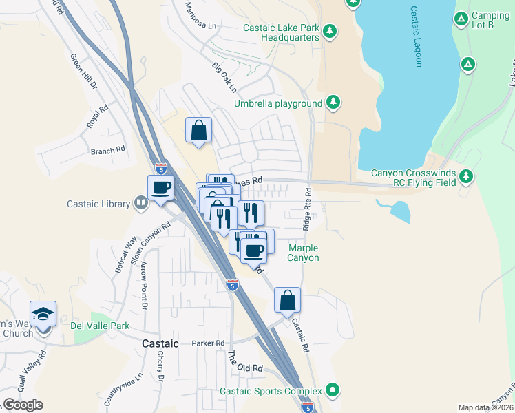 map of restaurants, bars, coffee shops, grocery stores, and more near 27625 Fantastic Lane in Castaic