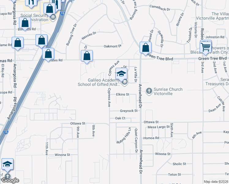 map of restaurants, bars, coffee shops, grocery stores, and more near 15928 Elkins Street in Victorville