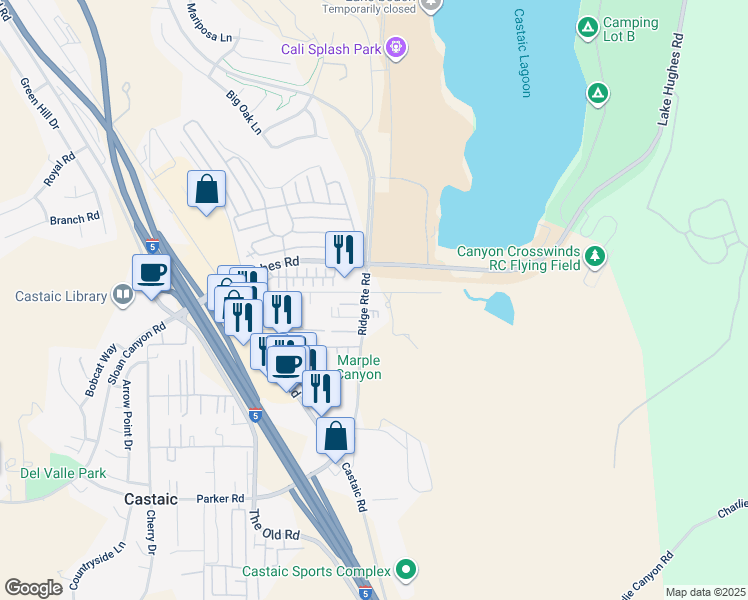 map of restaurants, bars, coffee shops, grocery stores, and more near 31752 Ridge Route Road in Castaic