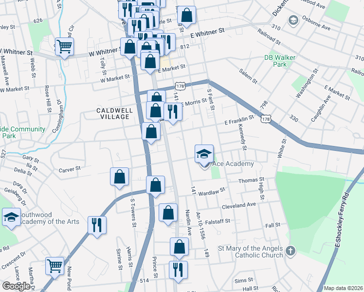 map of restaurants, bars, coffee shops, grocery stores, and more near 1016 South McDuffie Street in Anderson