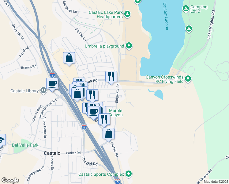 map of restaurants, bars, coffee shops, grocery stores, and more near 31727 Ridge Route Road in Castaic