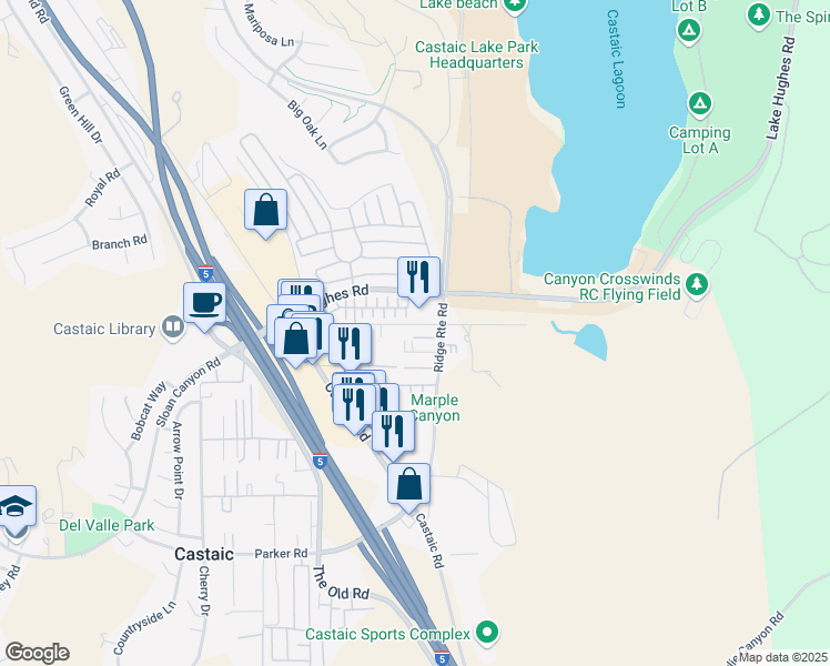 map of restaurants, bars, coffee shops, grocery stores, and more near 31727 Ridge Route Road in Castaic