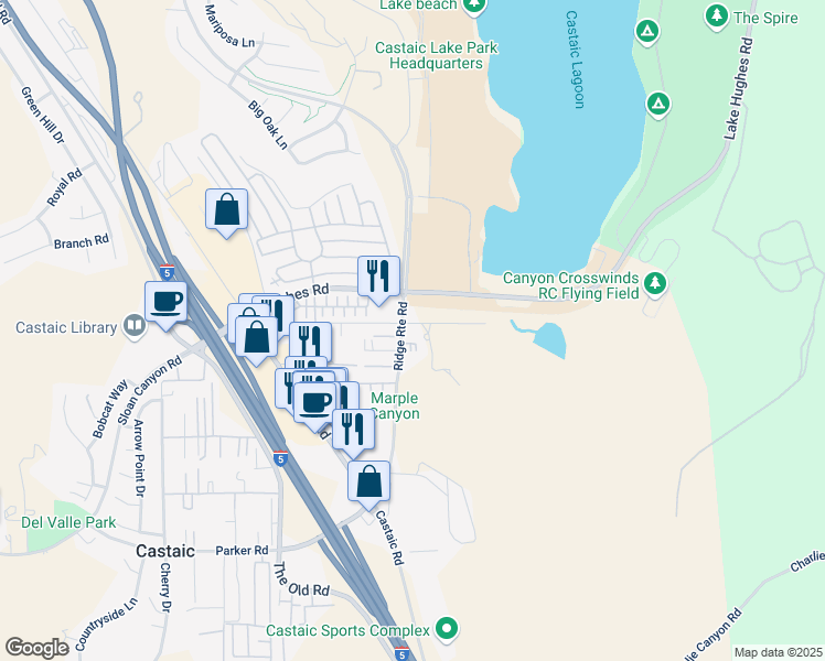 map of restaurants, bars, coffee shops, grocery stores, and more near 31752 Ridge Route Road in Castaic