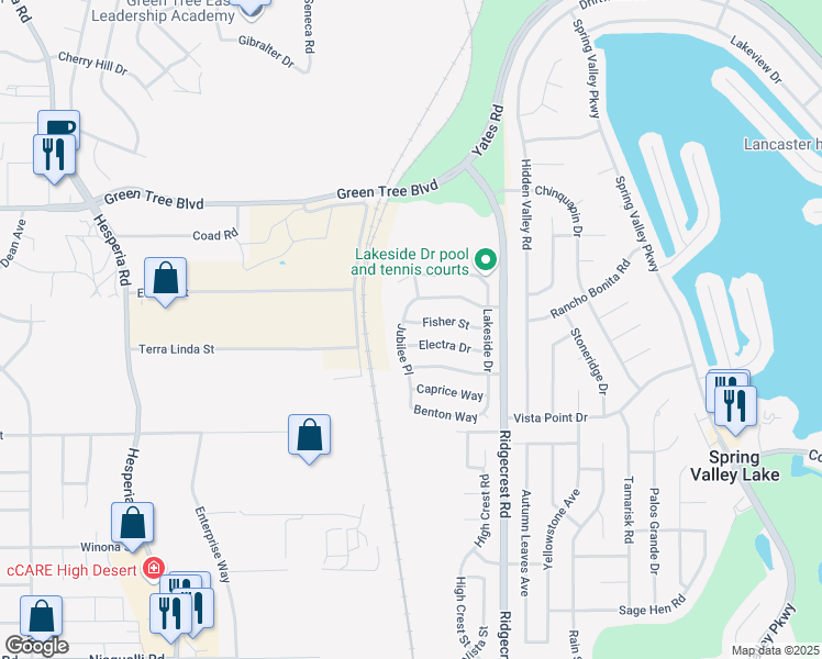 map of restaurants, bars, coffee shops, grocery stores, and more near 17537 Fisher Street in Victorville
