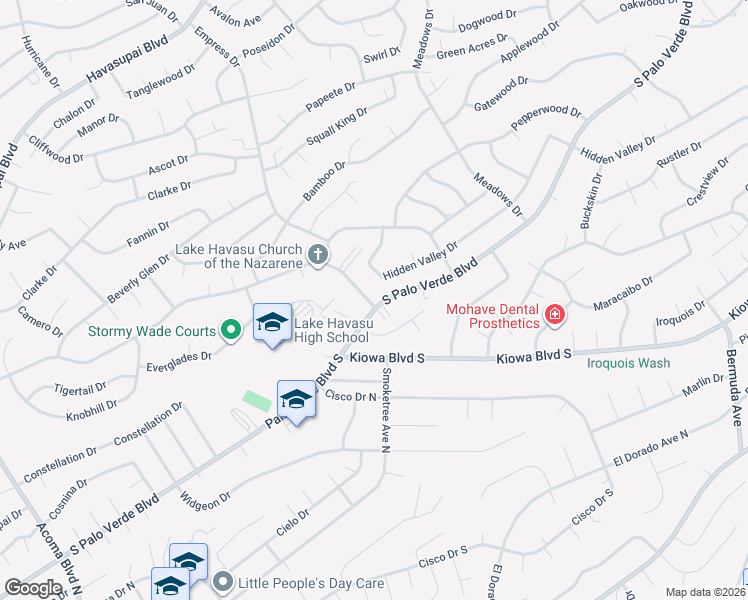 map of restaurants, bars, coffee shops, grocery stores, and more near 2675 South Palo Verde Boulevard in Lake Havasu City