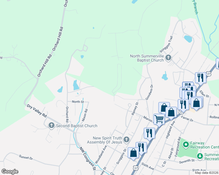map of restaurants, bars, coffee shops, grocery stores, and more near 11 Peach Blossom Lane in Summerville