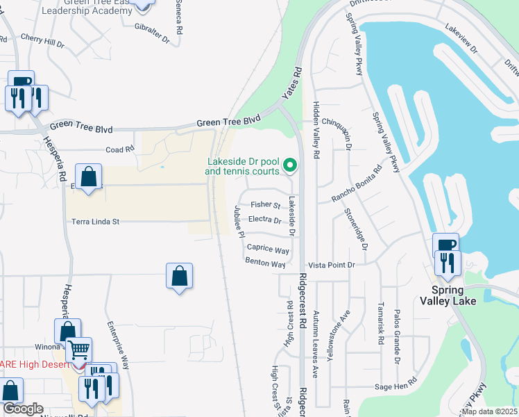 map of restaurants, bars, coffee shops, grocery stores, and more near 17585 Fisher Street in Victorville