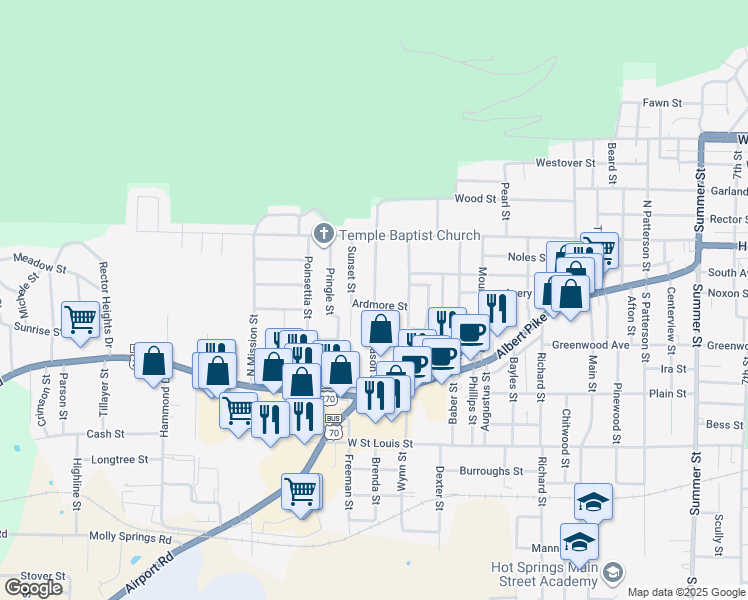 map of restaurants, bars, coffee shops, grocery stores, and more near 301 Ardmore Street in Hot Springs