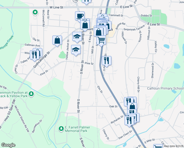 map of restaurants, bars, coffee shops, grocery stores, and more near 416 South River Street in Calhoun