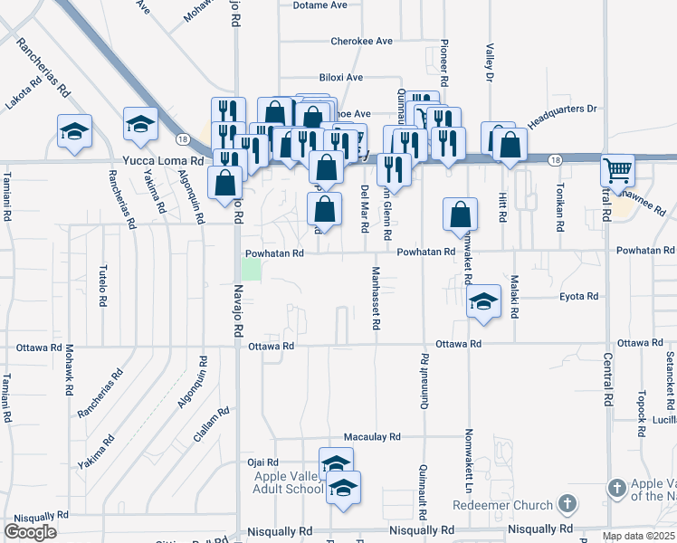 map of restaurants, bars, coffee shops, grocery stores, and more near 21905 Powhatan Road in Apple Valley