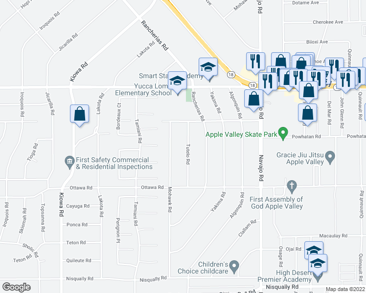 map of restaurants, bars, coffee shops, grocery stores, and more near 13460 Tutelo Road in Apple Valley