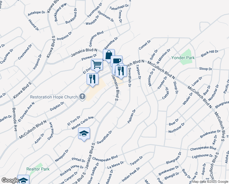 map of restaurants, bars, coffee shops, grocery stores, and more near 96 Tahiti Lane in Lake Havasu City