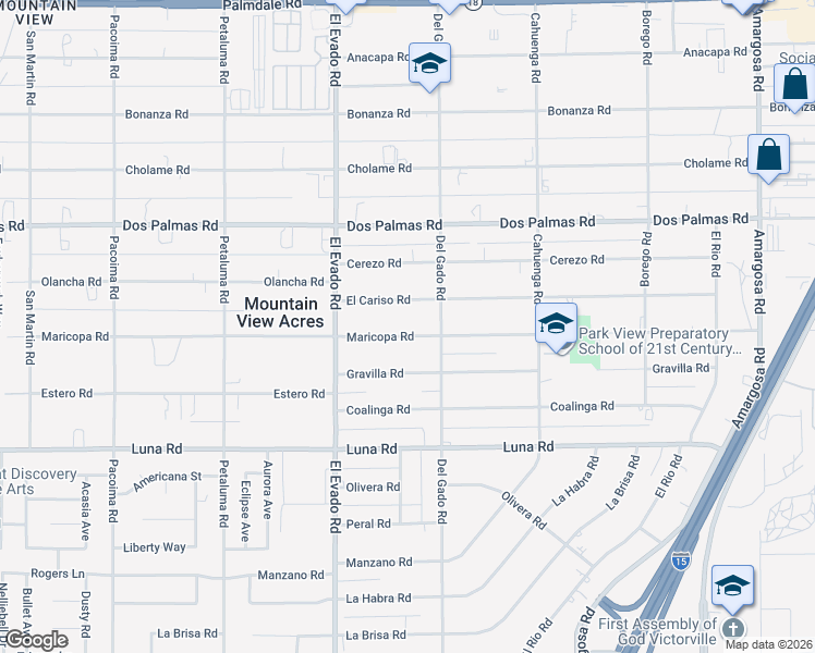 map of restaurants, bars, coffee shops, grocery stores, and more near 14647 Maricopa Road in Victorville