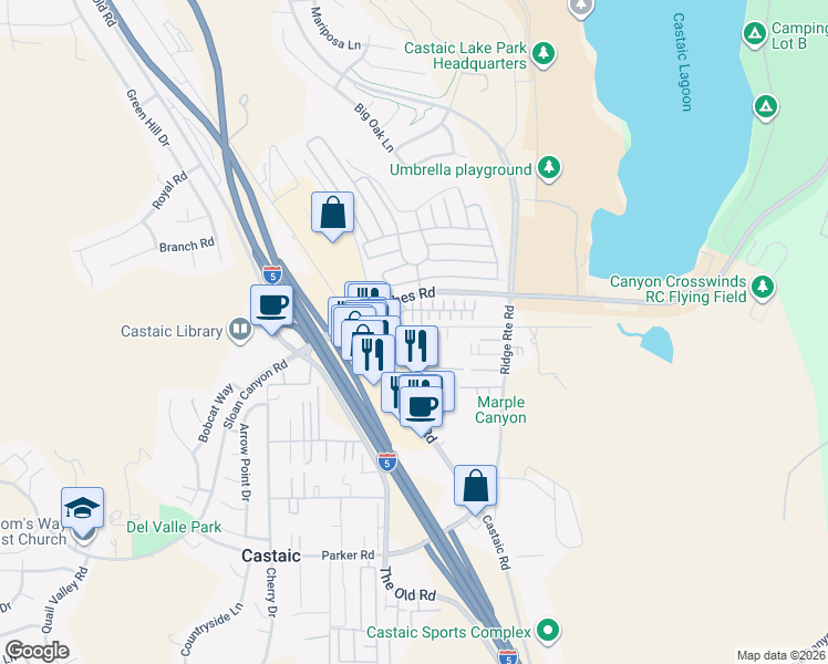 map of restaurants, bars, coffee shops, grocery stores, and more near 27625 Fantastic Lane in Castaic