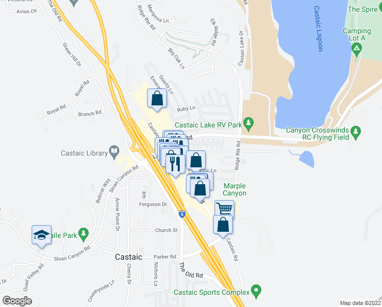 map of restaurants, bars, coffee shops, grocery stores, and more near 27625 Fantastic Lane in Castaic
