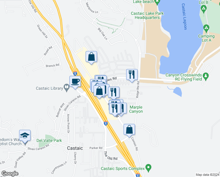 map of restaurants, bars, coffee shops, grocery stores, and more near 27614 Violin Canyon Road in Castaic