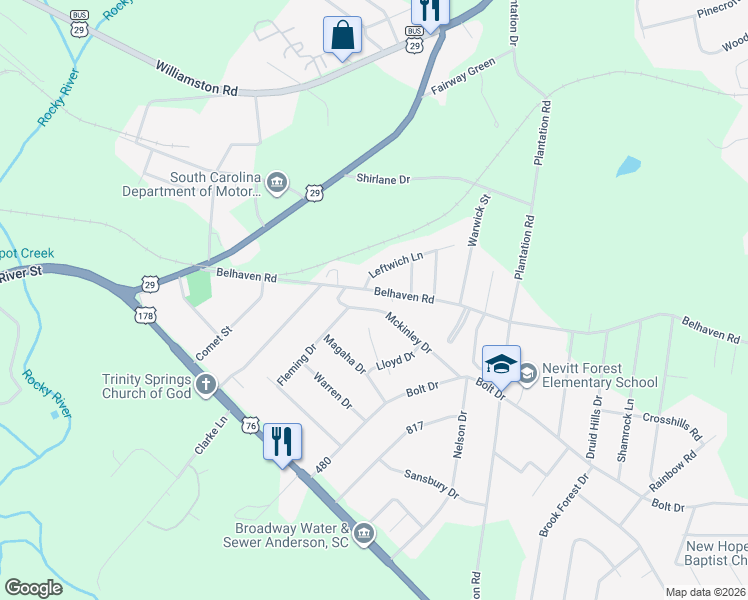 map of restaurants, bars, coffee shops, grocery stores, and more near 2504 Mckinley Drive in Anderson