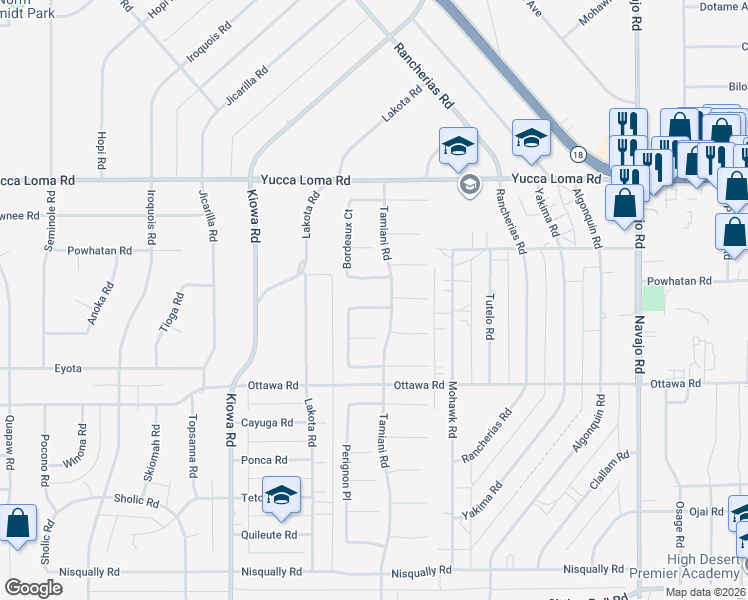 map of restaurants, bars, coffee shops, grocery stores, and more near 21182 Champanel Road in Apple Valley