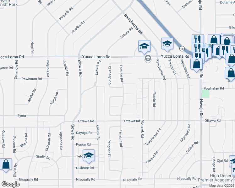 map of restaurants, bars, coffee shops, grocery stores, and more near 21182 Champanel Road in Apple Valley