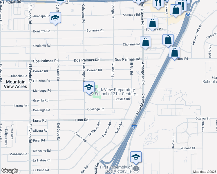 map of restaurants, bars, coffee shops, grocery stores, and more near 13545 Borego Road in Victorville